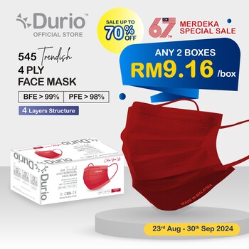 Durio 545 Trendish 4 Ply Surgical Face Mask - Maroon Red- (40pcs)